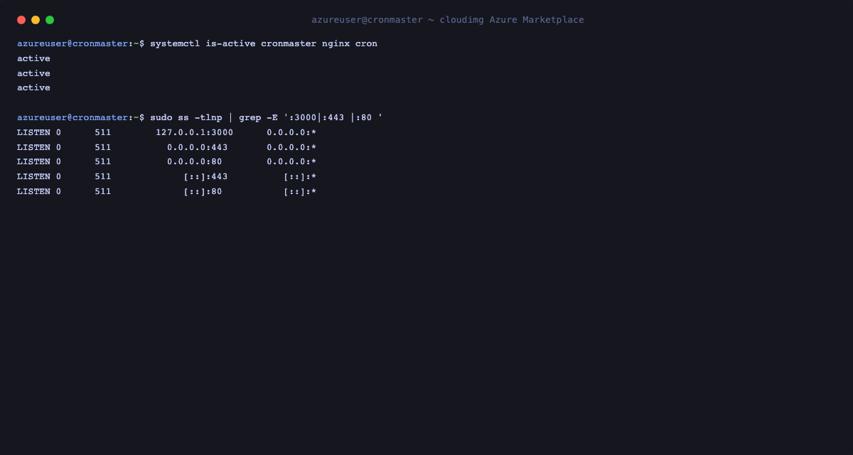systemctl reports cronmaster, nginx and cron all active, and ss shows cronmaster bound to 127.0.0.1:3000 loopback only with nginx listening on 0.0.0.0:80 and 0.0.0.0:443