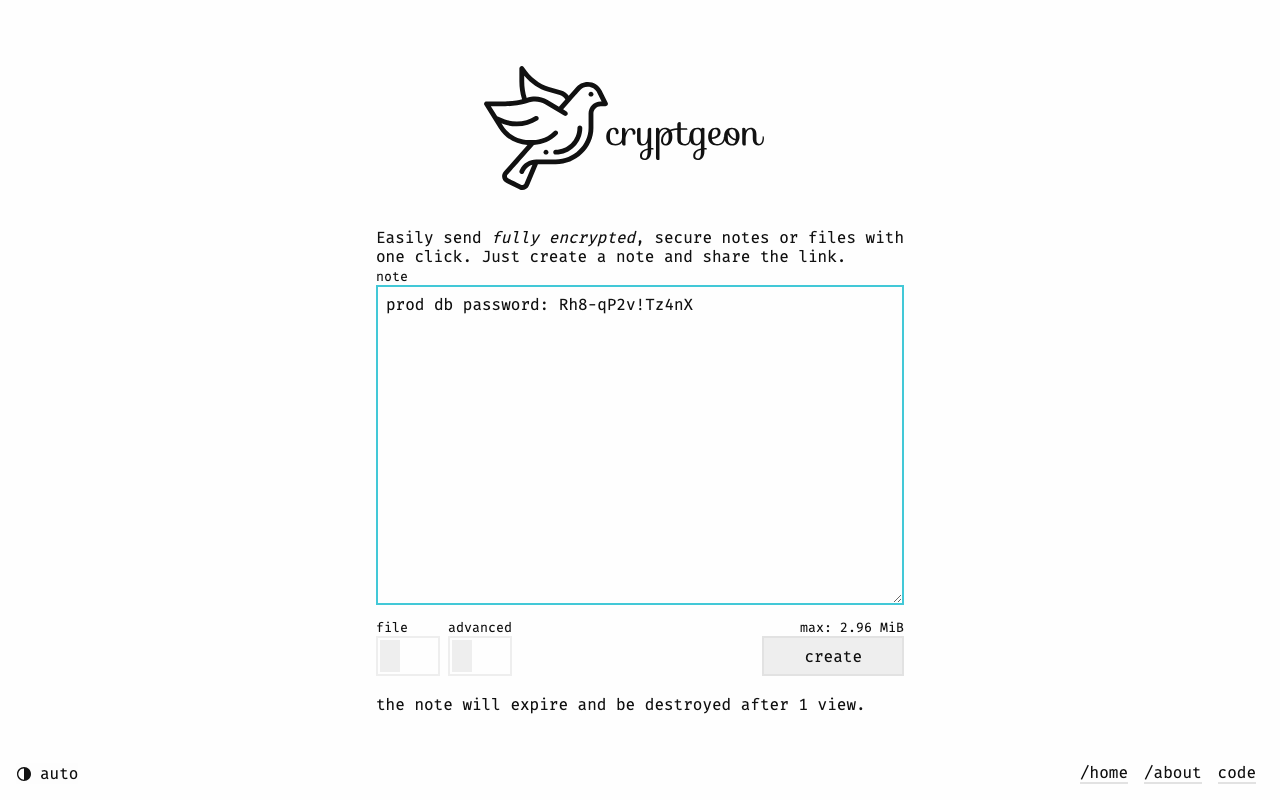 The Cryptgeon home page with a secret typed into the note field, the file and advanced switches, the create button and the maximum size