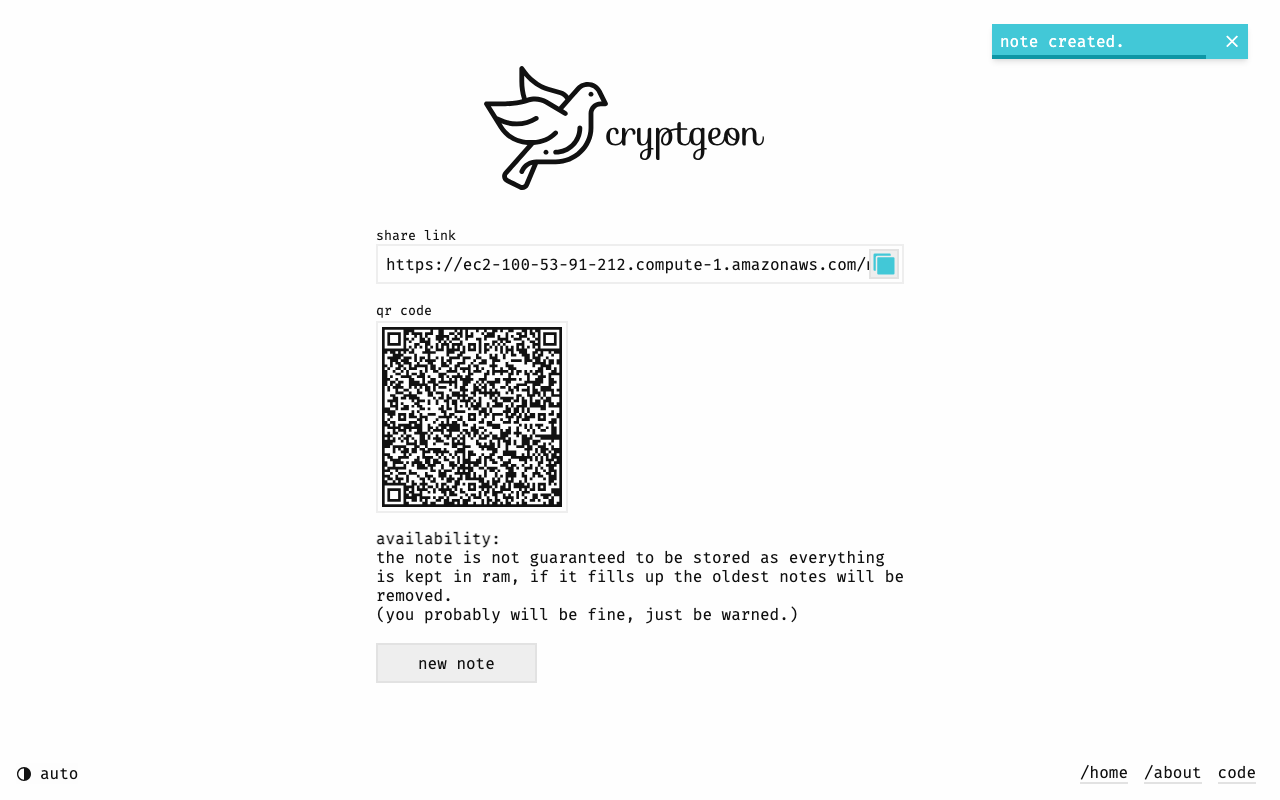 The share link and QR code shown after the note was created, with the availability notice