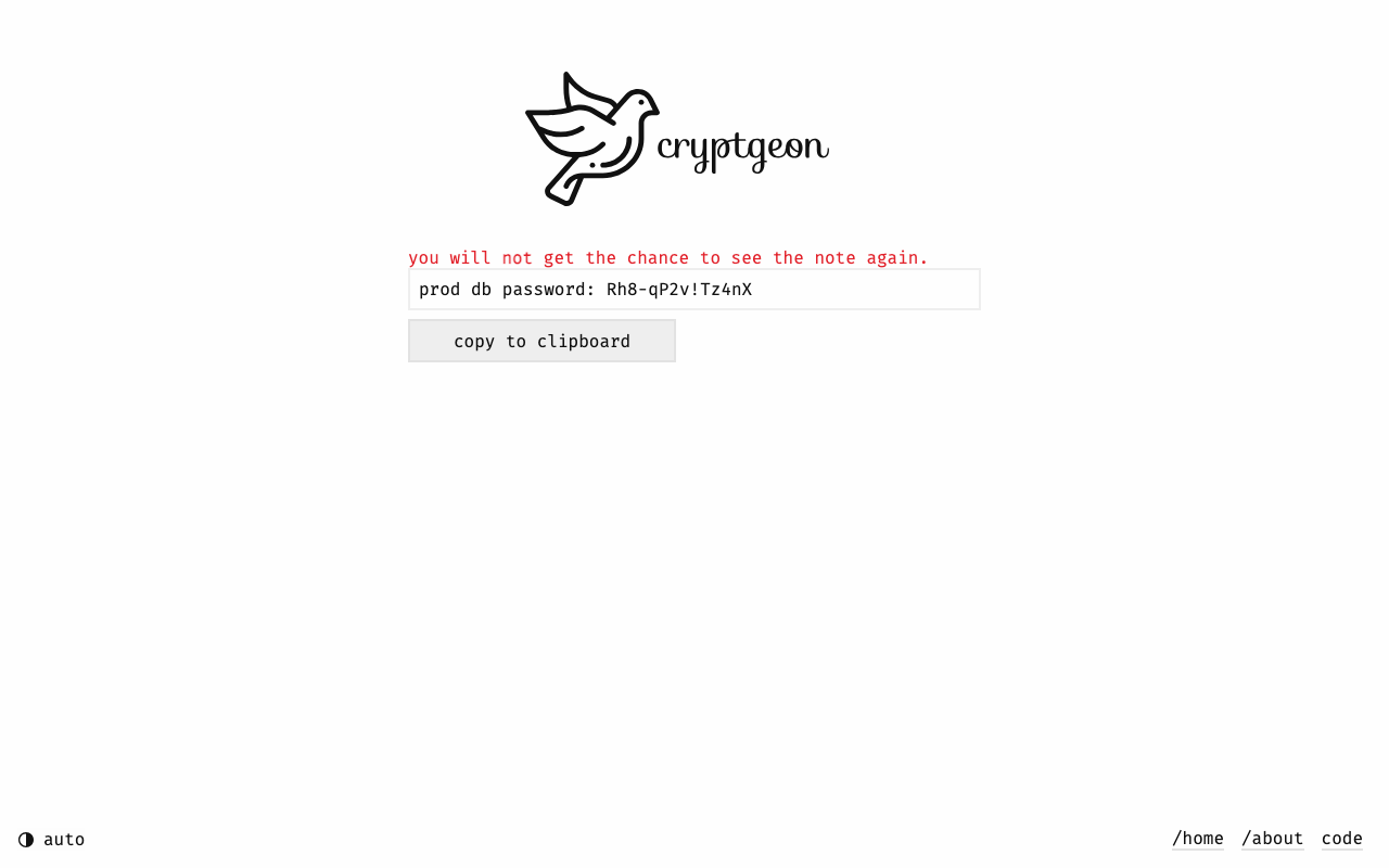 The recipient's view: the decrypted secret with the warning that it cannot be seen again