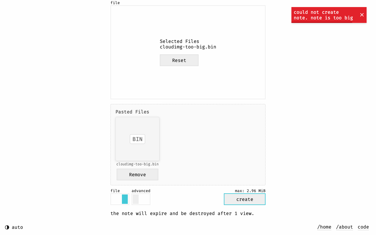 A file over the limit: could not create note, note is too big