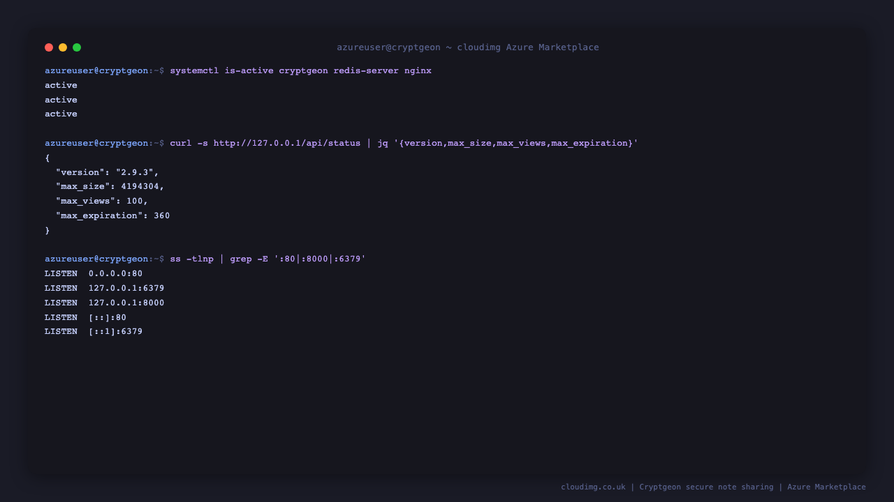 Cryptgeon, Redis and nginx all reporting active, the API status endpoint returning version 2.9.3 with a 4 MiB size limit, and the listener table showing port 80 public with 8000 and 6379 bound to loopback