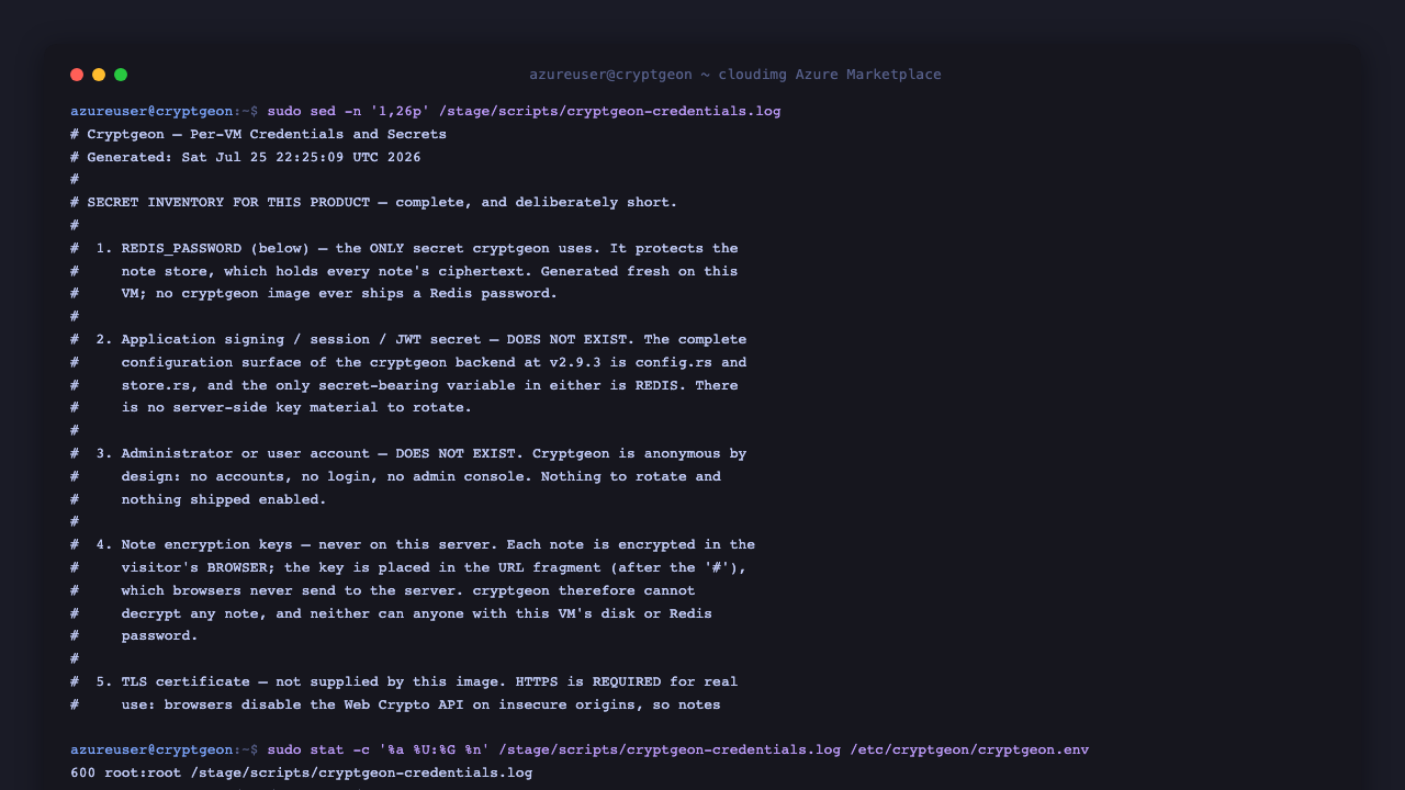 The per VM credentials file showing the five item secret inventory, with the Redis password redacted, and the file mode listing showing 0600 root:root