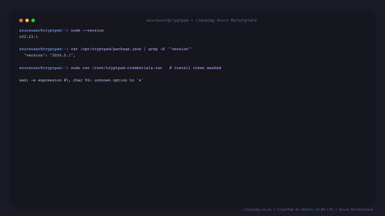 The per-VM CryptPad instance details file with the main and sandbox origins and the one-time admin setup link, and the landing page returning HTTP 200 through nginx