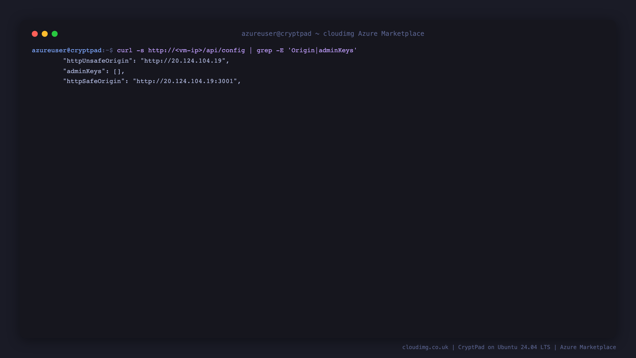 The live CryptPad configuration showing the per-VM main and sandbox origins and an empty adminKeys list