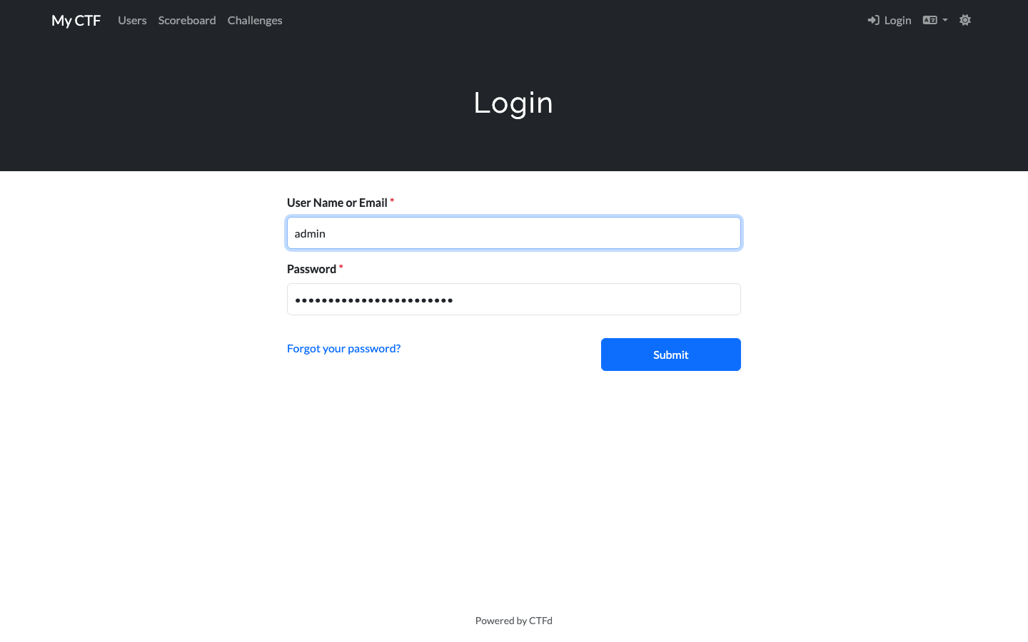 The CTFd login page of My CTF with the admin user name and a masked password filled in
