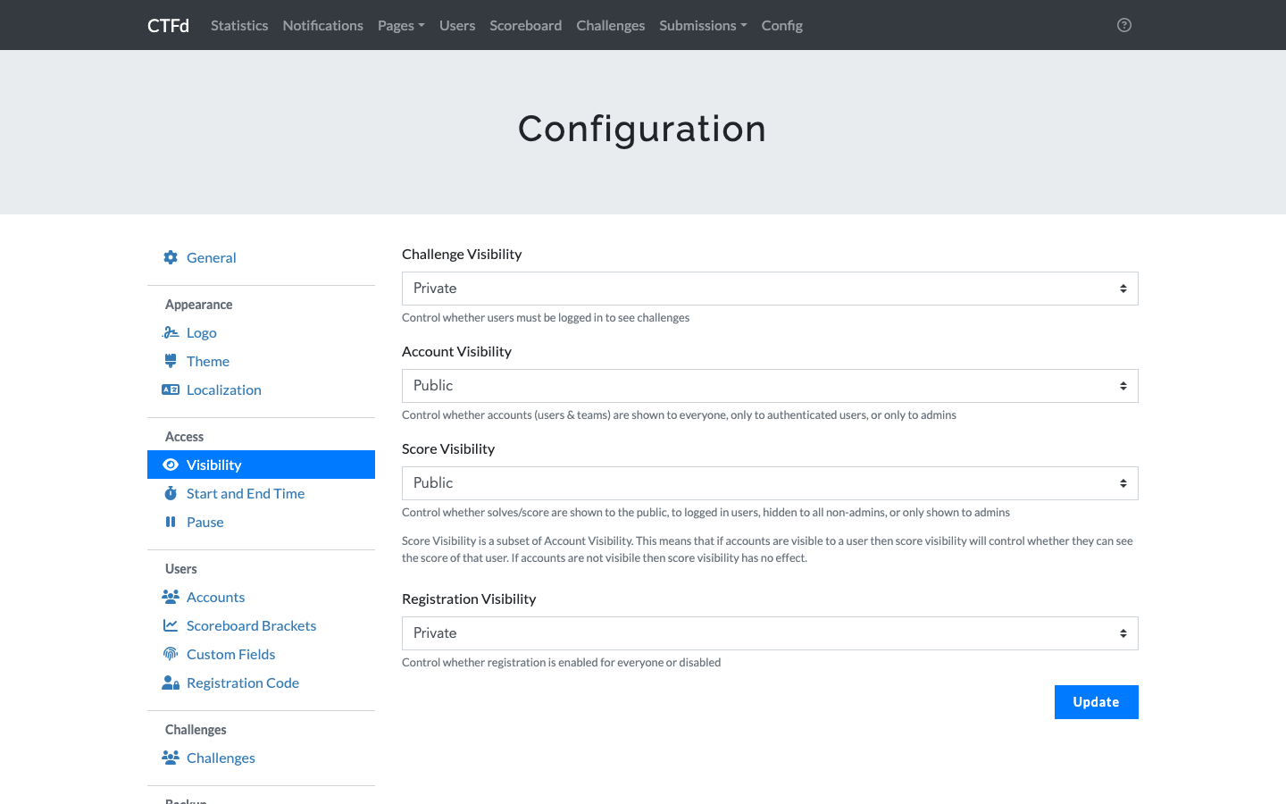 The CTFd Configuration page, Visibility section: Challenge Visibility Private, Account Visibility Public, Score Visibility Public, Registration Visibility Private