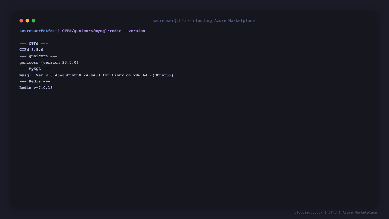 CTFd 3.8.6, gunicorn, MySQL 8.0 and Redis version strings