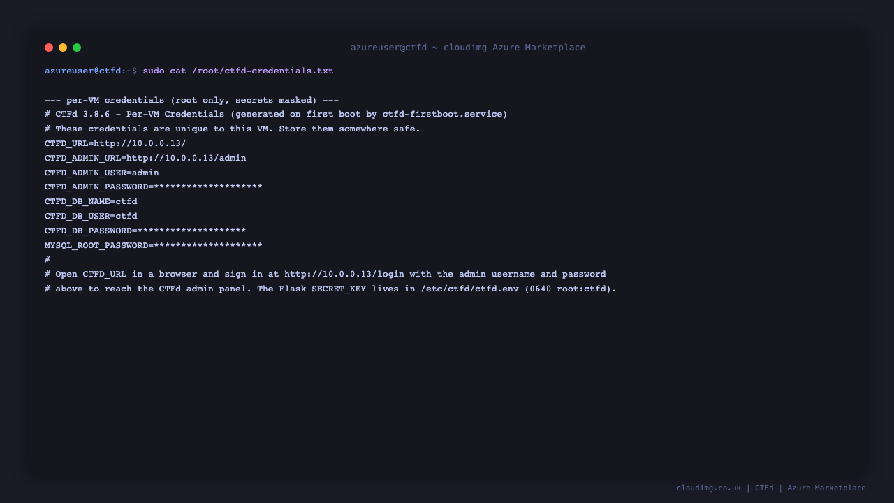 The per VM credentials file with the administrator user and rotated passwords