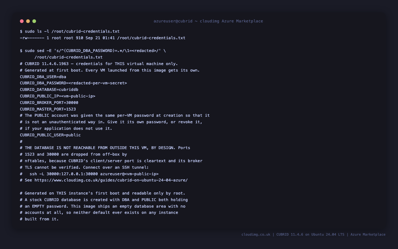 CUBRID per-VM credentials file