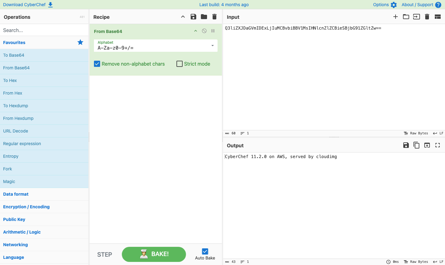 CyberChef with the From Base64 operation in the recipe, a Base64 string in the Input pane and the decoded text "CyberChef 11.2.0 on AWS, served by cloudimg" in the Output pane