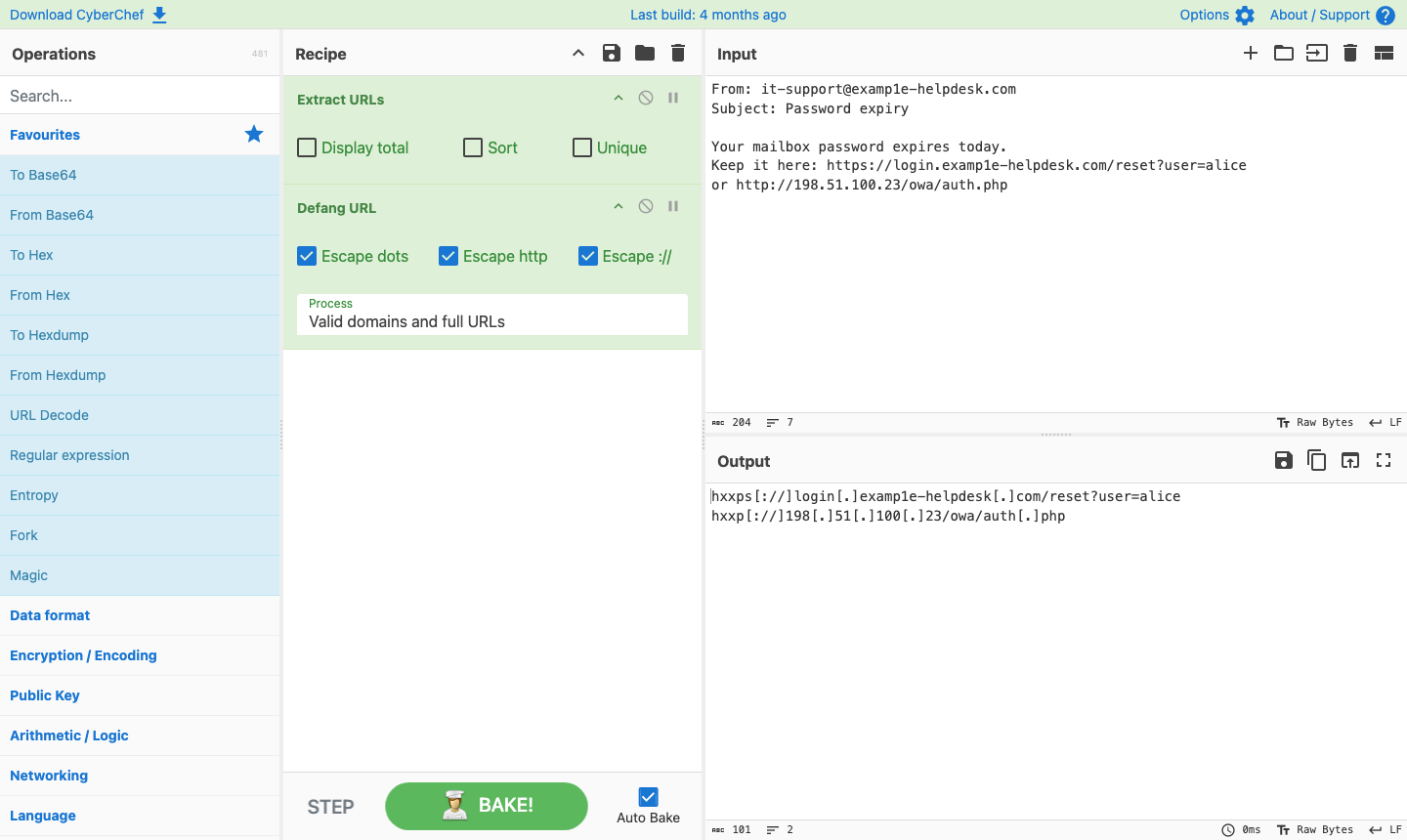 CyberChef with Extract URLs and Defang URL in the recipe, a phishing style email in the Input pane and the two defanged URLs in the Output pane