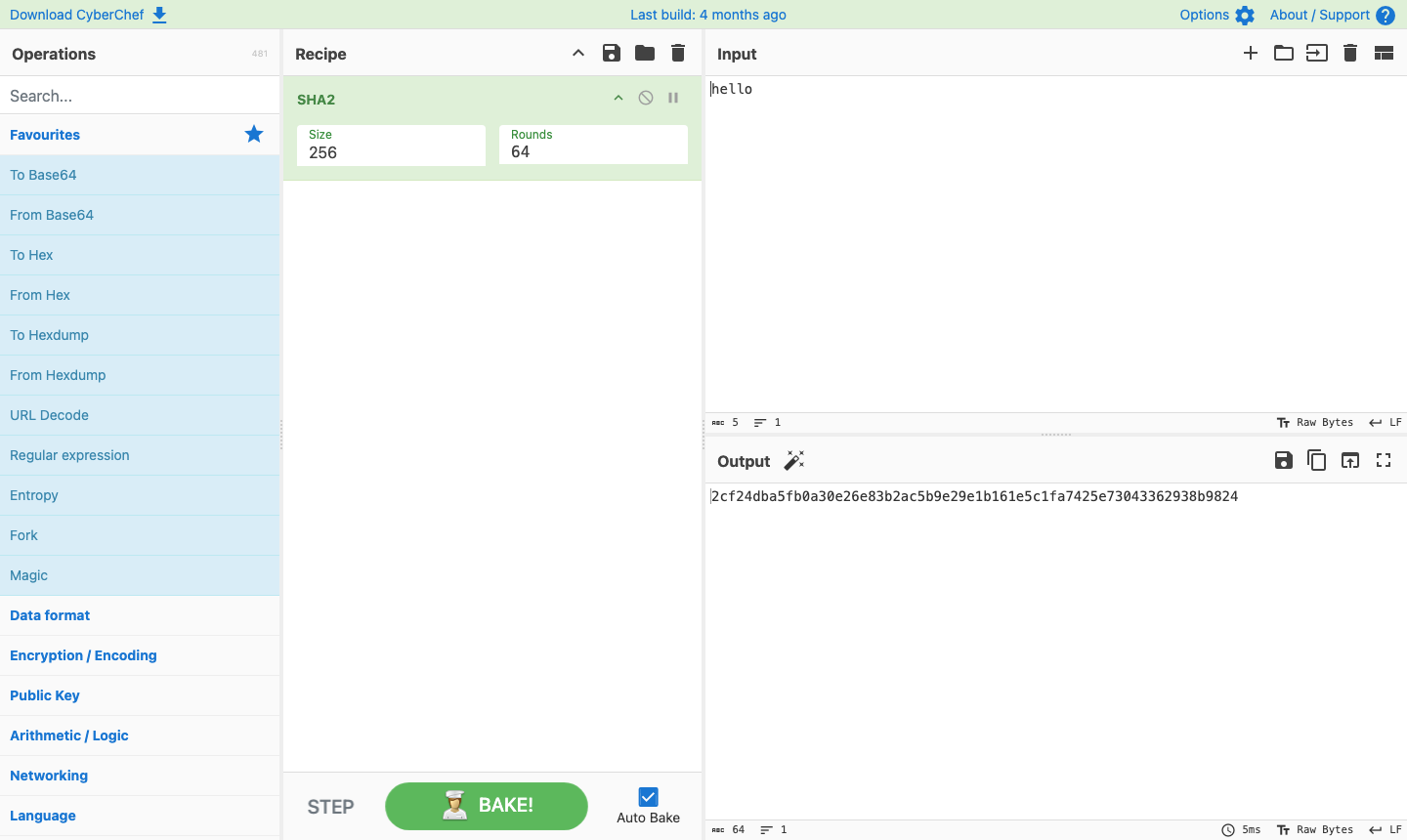 CyberChef computing the SHA2-256 digest of the input hello