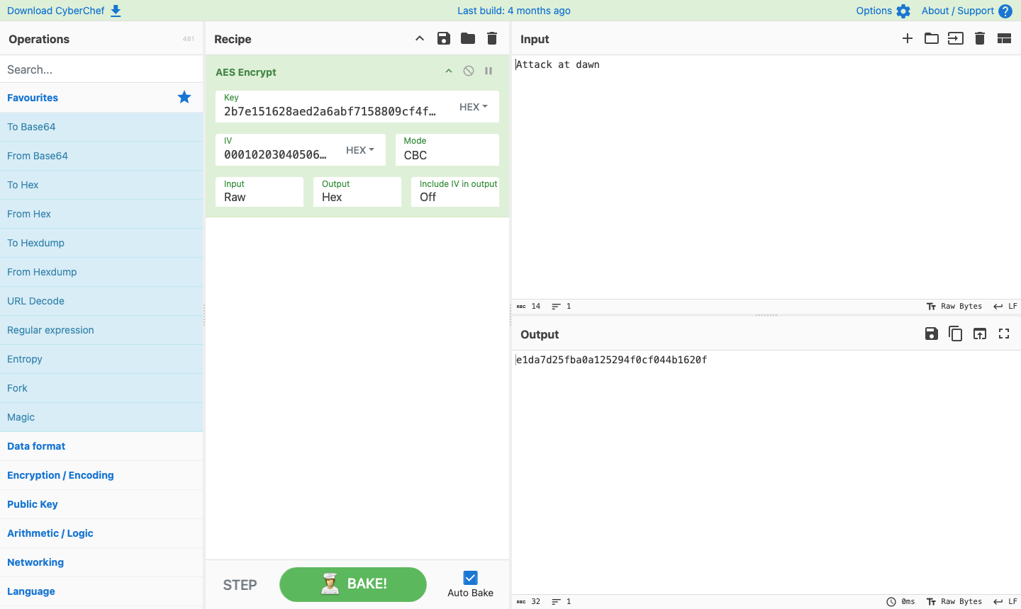 CyberChef encrypting the text Attack at dawn with AES in CBC mode, with the key and IV in hex and the ciphertext in hex in the Output pane
