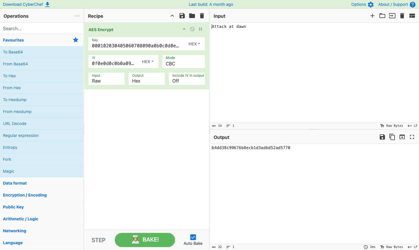 CyberChef encrypting the text Attack at dawn with AES in CBC mode, with the key and IV in hex and the ciphertext in hex in the Output pane