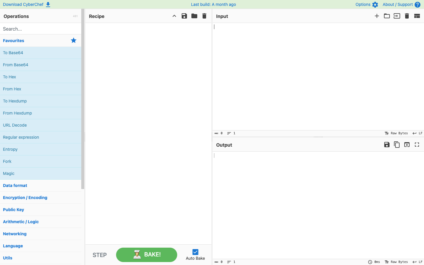 The CyberChef interface: the Operations catalogue, the Recipe area, and the linked Input and Output panels