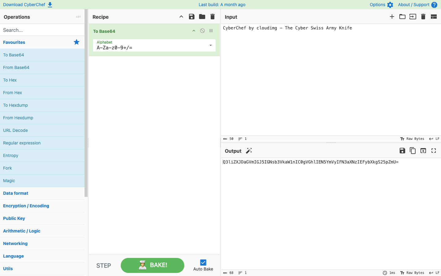 A To Base64 operation encoding the Input into Base64 in the Output pane