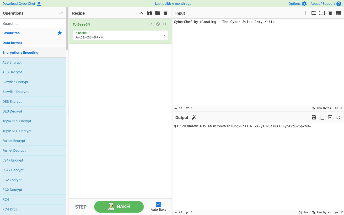The Encryption / Encoding category expanded, showing AES, Blowfish, DES and Triple DES operations