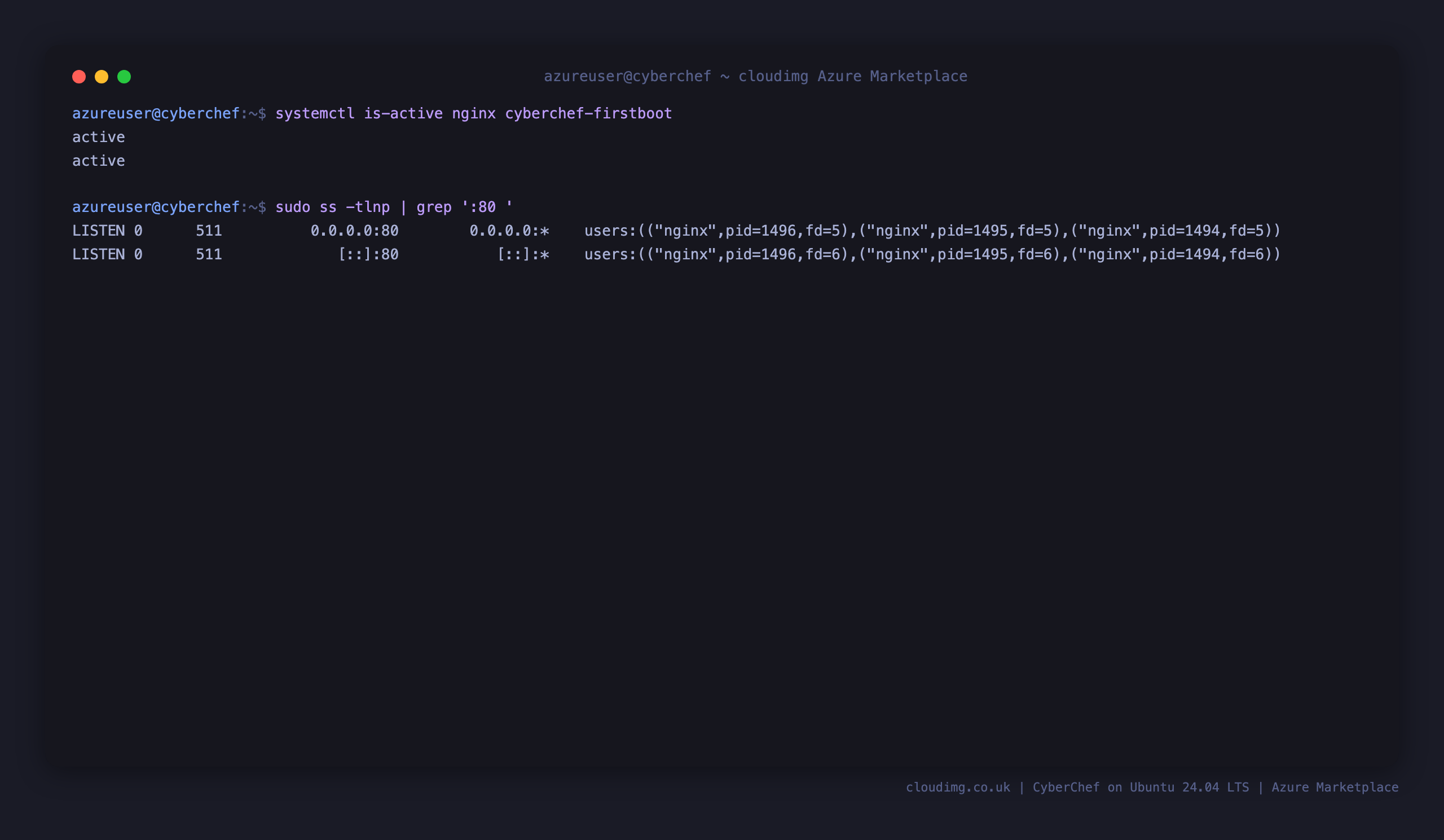 nginx and cyberchef-firstboot both active, with nginx listening on port 80