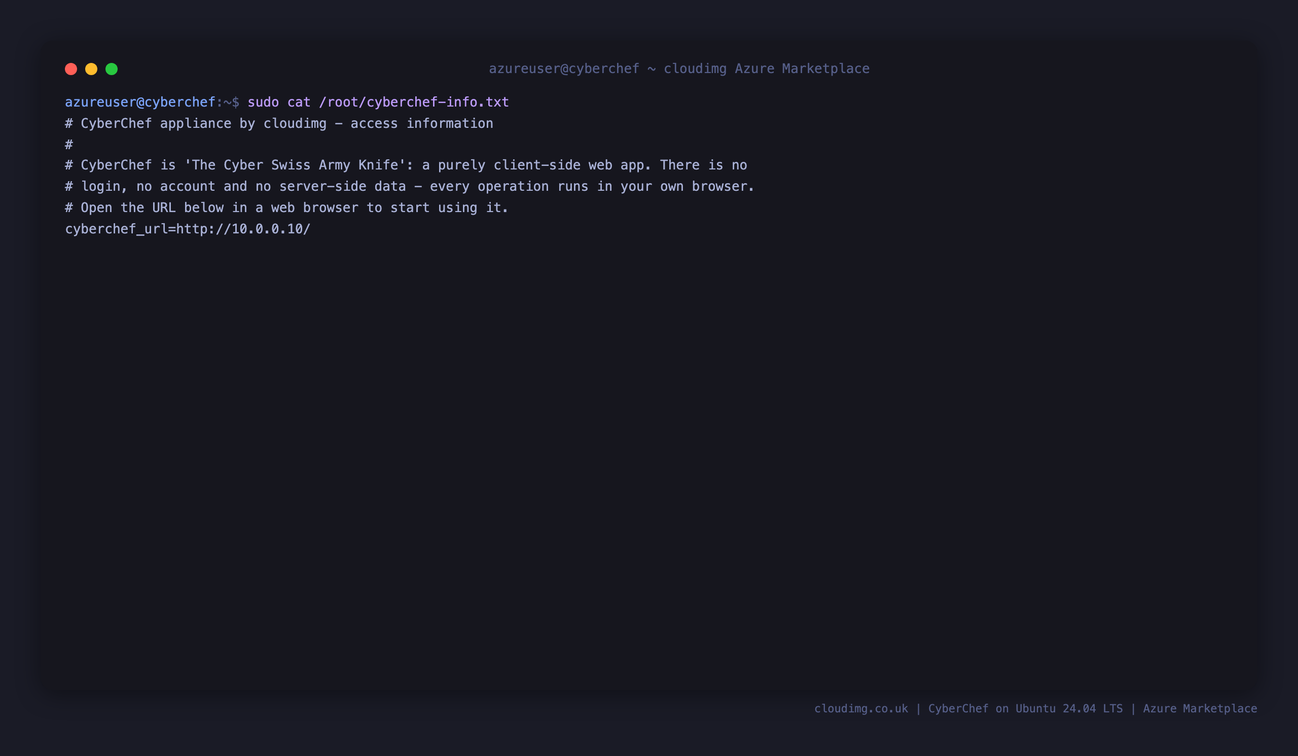 The per-VM CyberChef access note, recording the URL and confirming no login is required