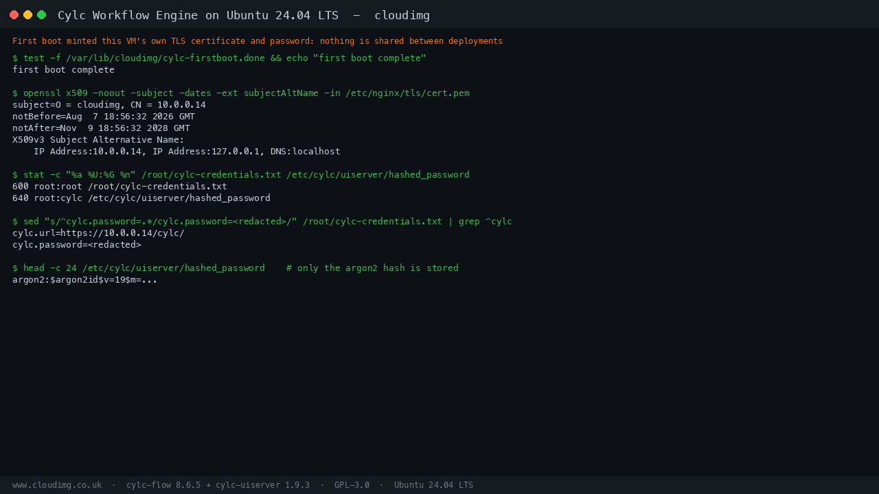 The per-VM TLS certificate minted at first boot with the VM address in its subject alternative name, the root-only credentials file and hashed password file permissions, and the stored argon2 hash prefix