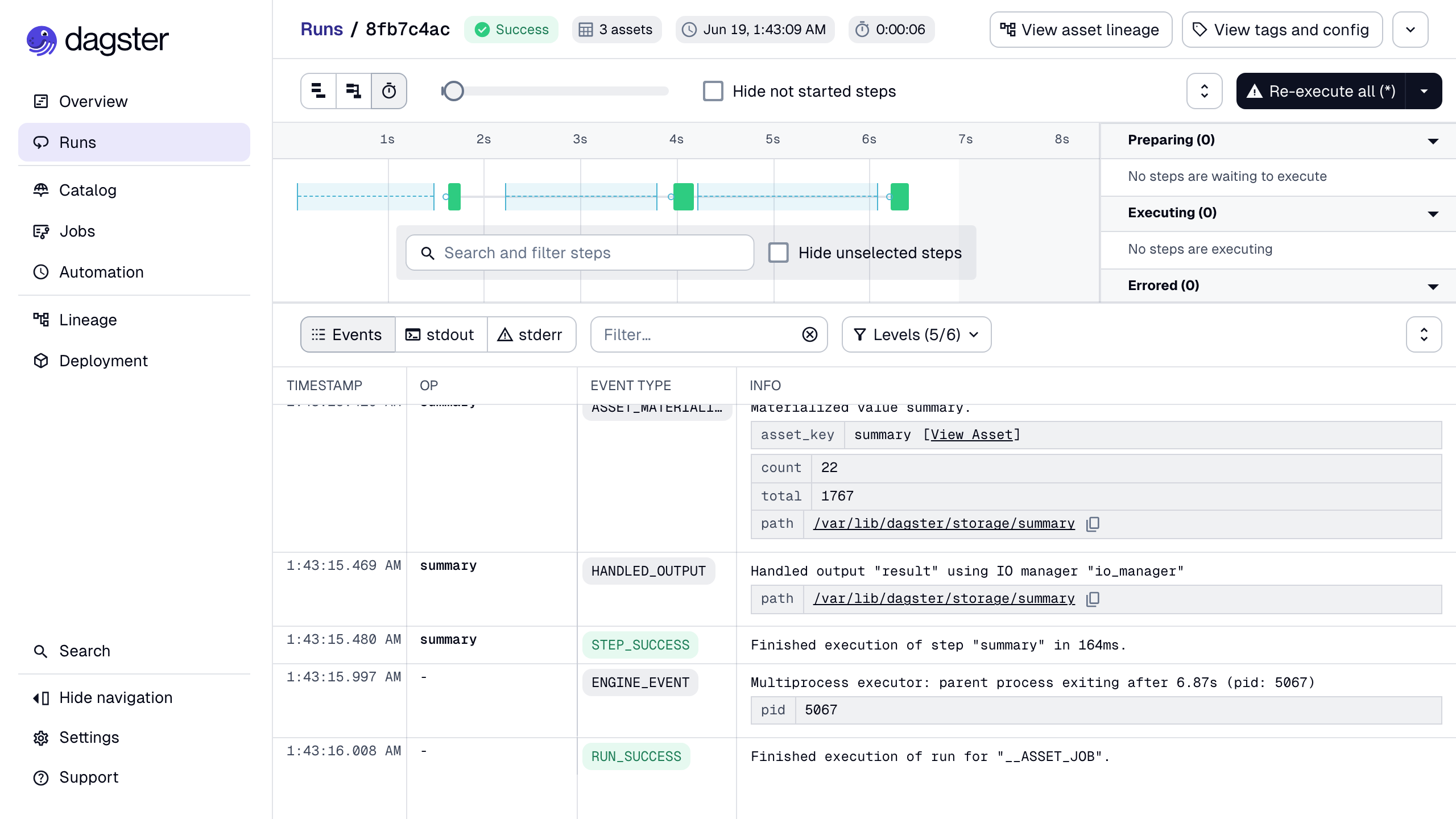 The Dagster UI run view streaming the demo run with per step logs