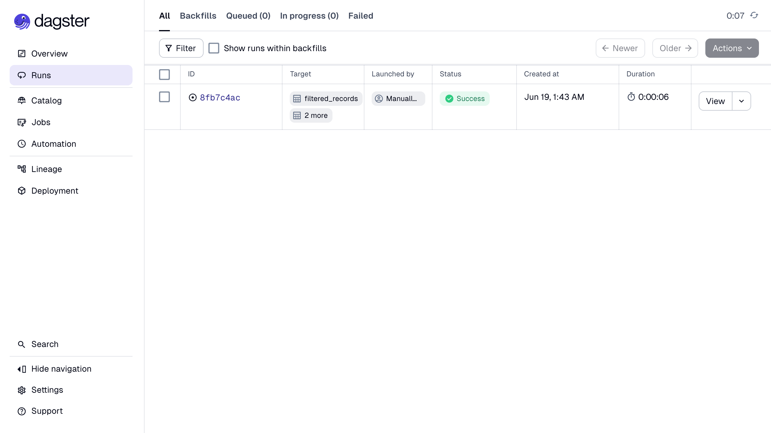 The Dagster UI runs list showing a materialization of the demo assets