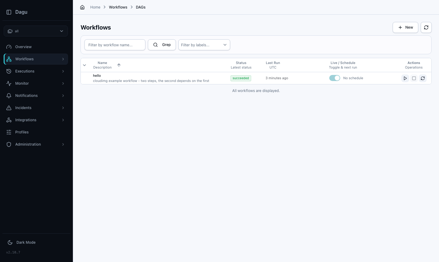 The Workflows page listing the hello example workflow with status succeeded, no schedule, and start, stop and retry buttons