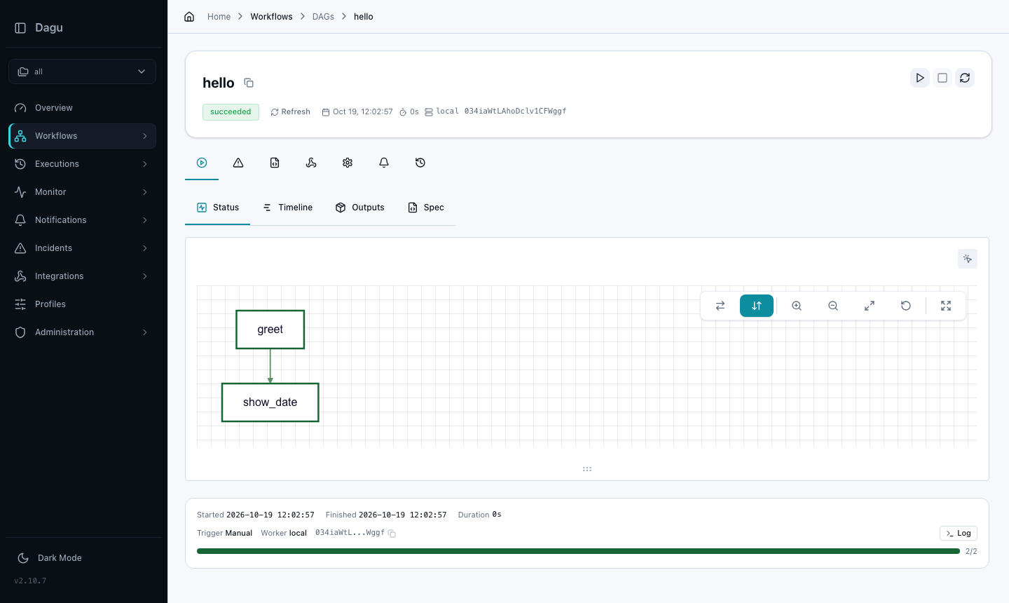 The hello workflow page: status succeeded, the graph of the greet step followed by the show_date step, and the run's start time, duration and trigger