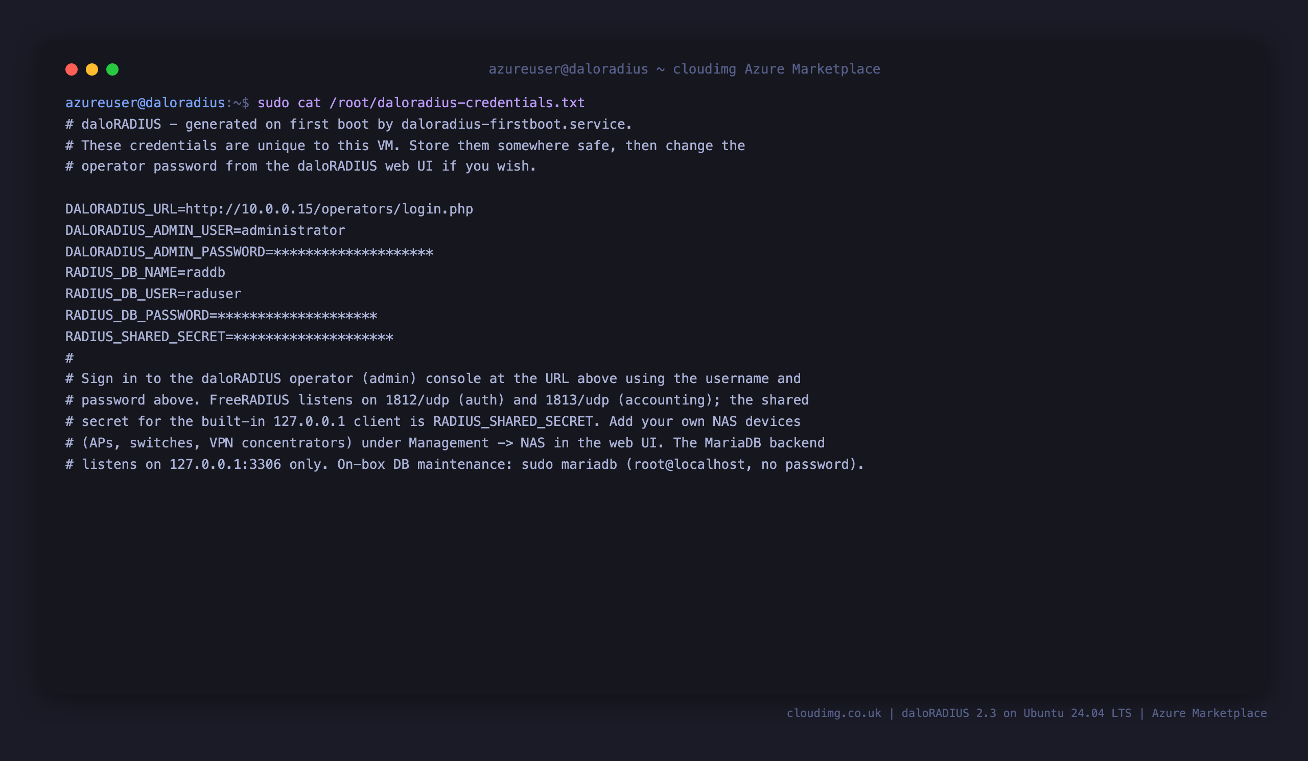 The per VM daloRADIUS credentials file, showing the operator login user and password, the RADIUS database name, user and password, and the RADIUS shared secret