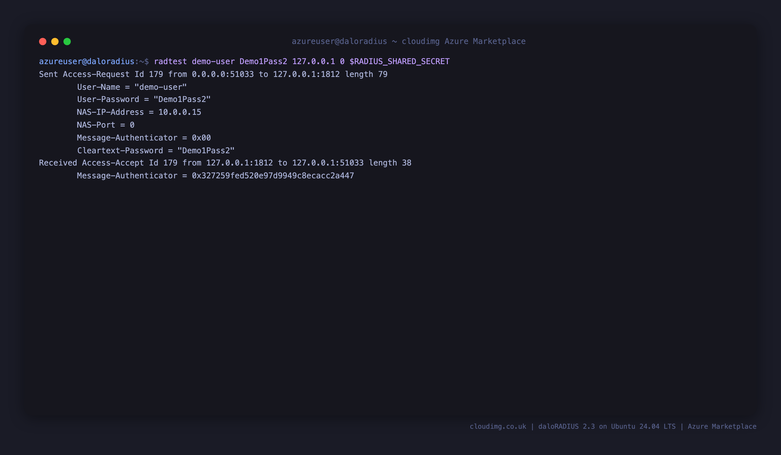 The radtest command sending an Access-Request to the local FreeRADIUS server and receiving an Access-Accept for the test user, proving the SQL backend and the per VM shared secret work end to end
