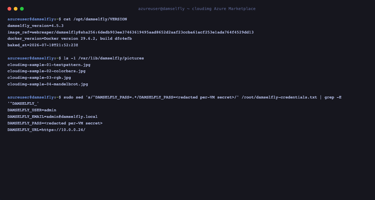 The /opt/damselfly/VERSION file showing the baked Damselfly version and pinned image digest, a listing of the sample photos in the library folder, and the per VM damselfly-credentials.txt showing the admin username, email and URL with the password redacted