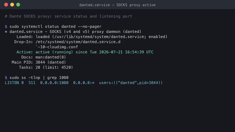Dante SOCKS proxy service active and listening on port 1080