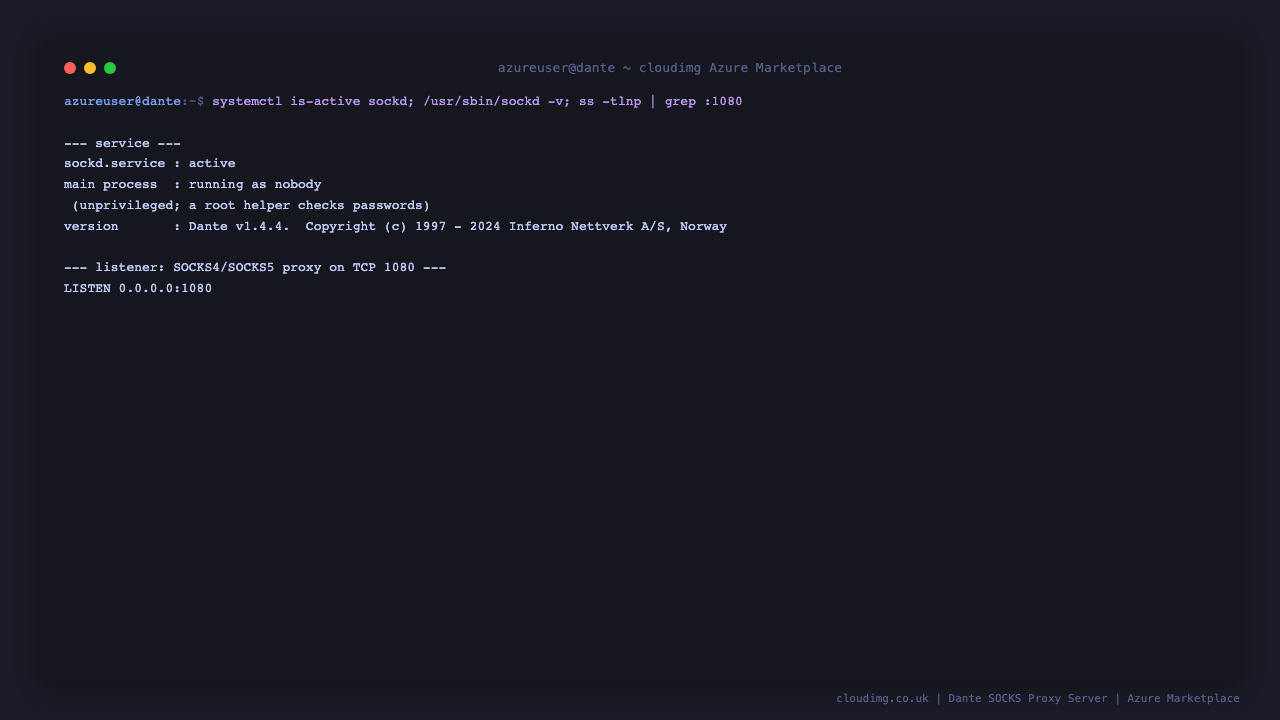 The sockd service active under systemd with its main process running as the unprivileged nobody user, the Dante v1.4.4 version banner, and ss showing the SOCKS4 and SOCKS5 proxy listening on TCP port 1080