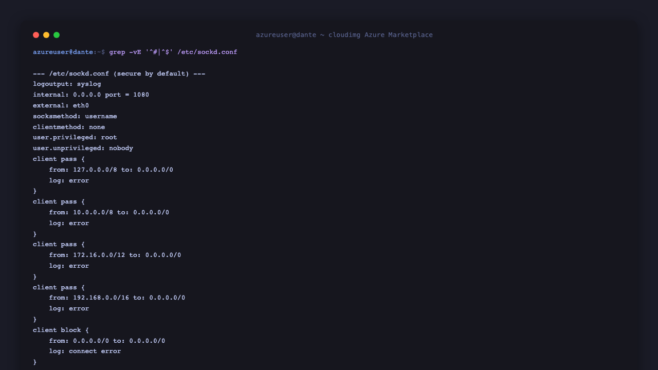 The Dante sockd.conf file showing the secure defaults: SOCKS username authentication, the privileged helper running as root with relay children dropped to nobody, client pass rules admitting only loopback and RFC1918 private ranges, and a client block default that refuses all other sources