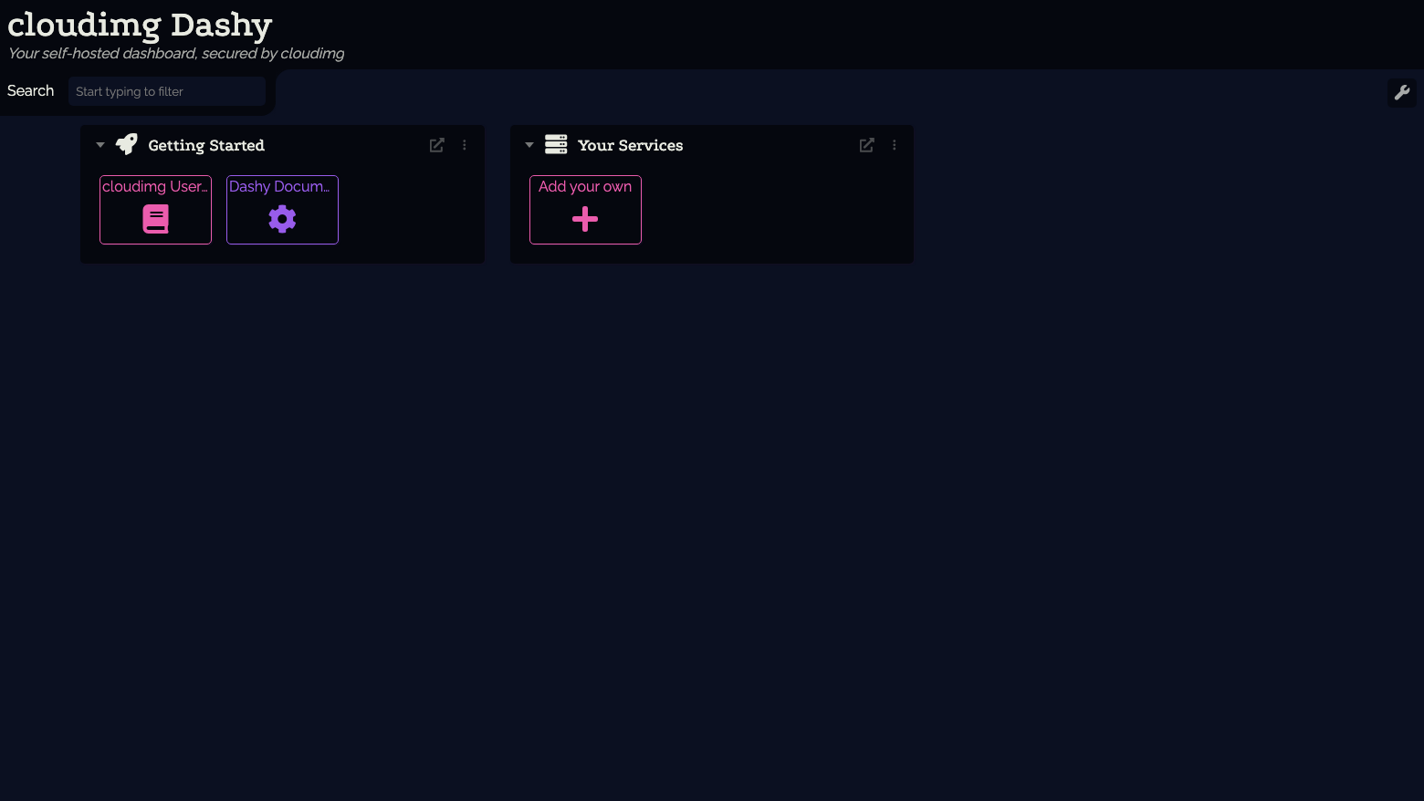 The cloudimg Dashy start page with the Getting Started and Your Services sections