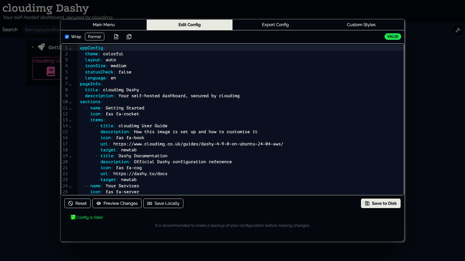 The Dashy Edit Config tab showing the conf.yml YAML with Format, Reset, Preview Changes, Save Locally and Save to Disk