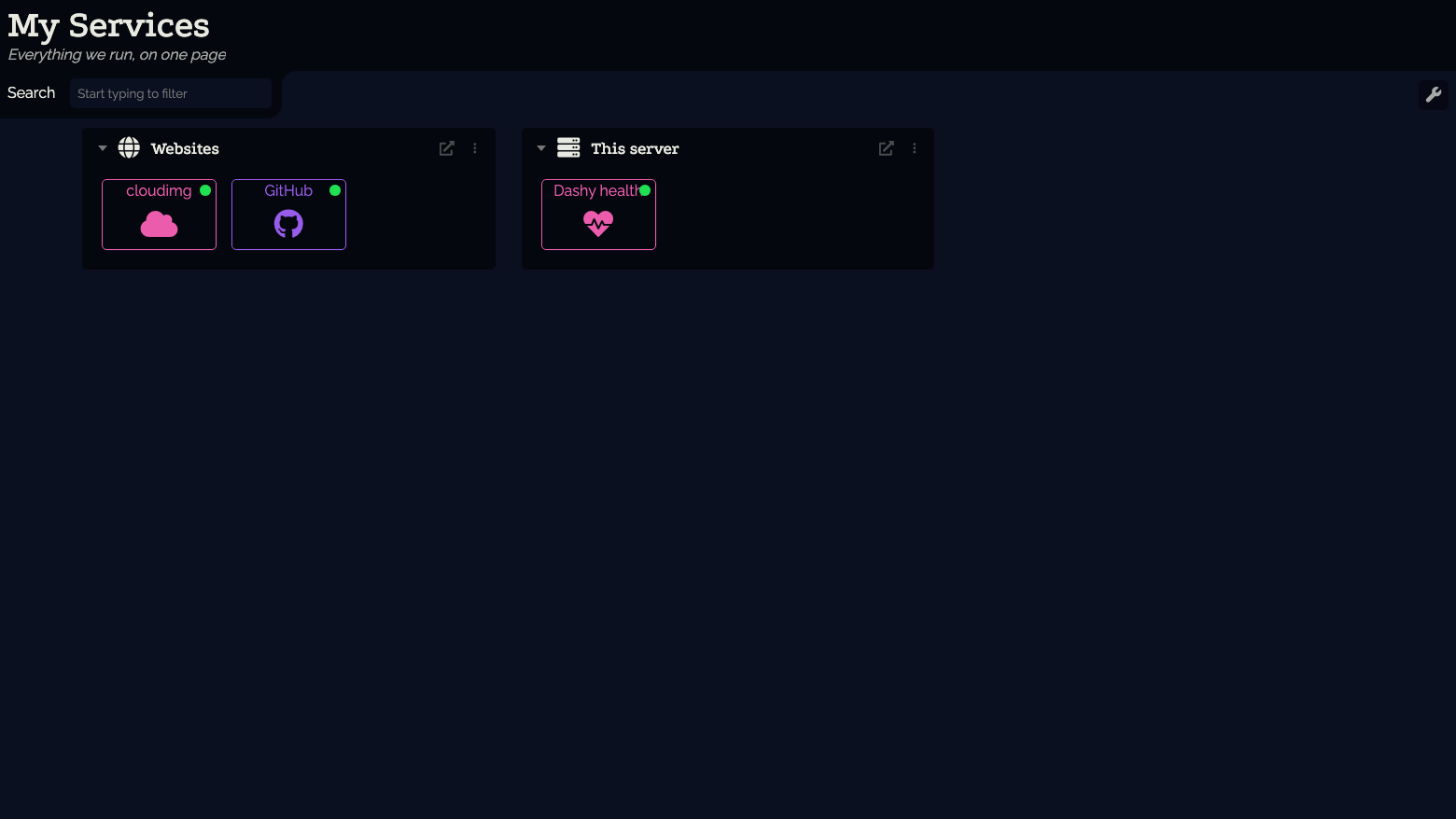 The My Services dashboard with the cloudimg, GitHub and Dashy health items, each with a green status dot