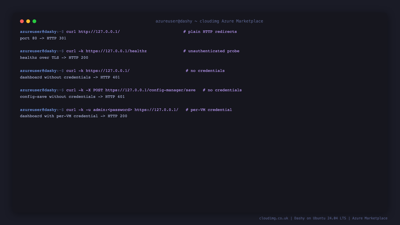 curl showing port 80 returning a 301 redirect, healthz returning 200, the dashboard and the config save endpoint each returning 401 without credentials, and the dashboard returning 200 with the per VM credential