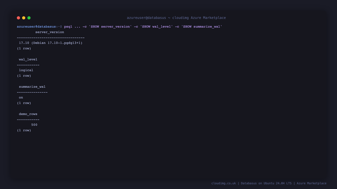 Demo PostgreSQL 17 reporting wal_level logical and summarize_wal on