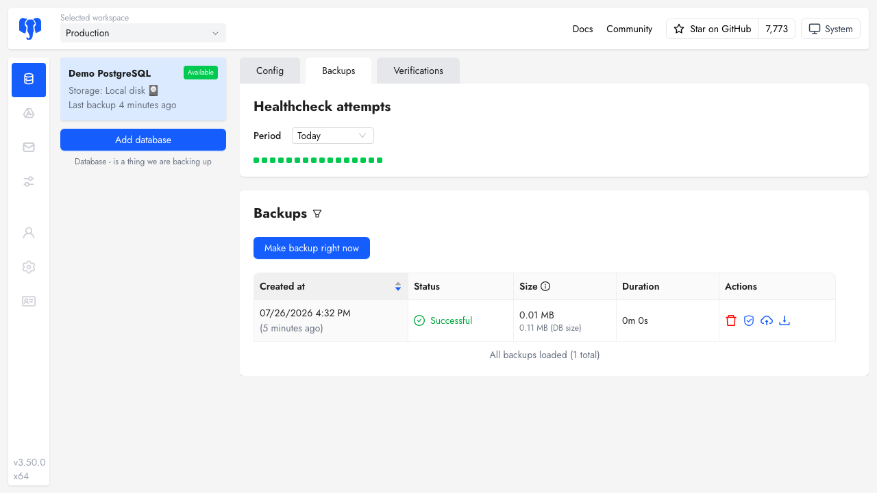 A completed Databasus backup listed as Successful