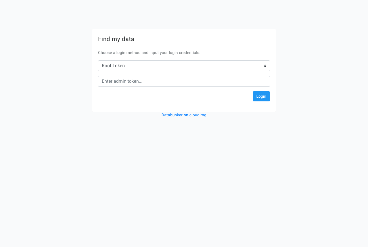 The Databunker sign-in page with Root Token selected
