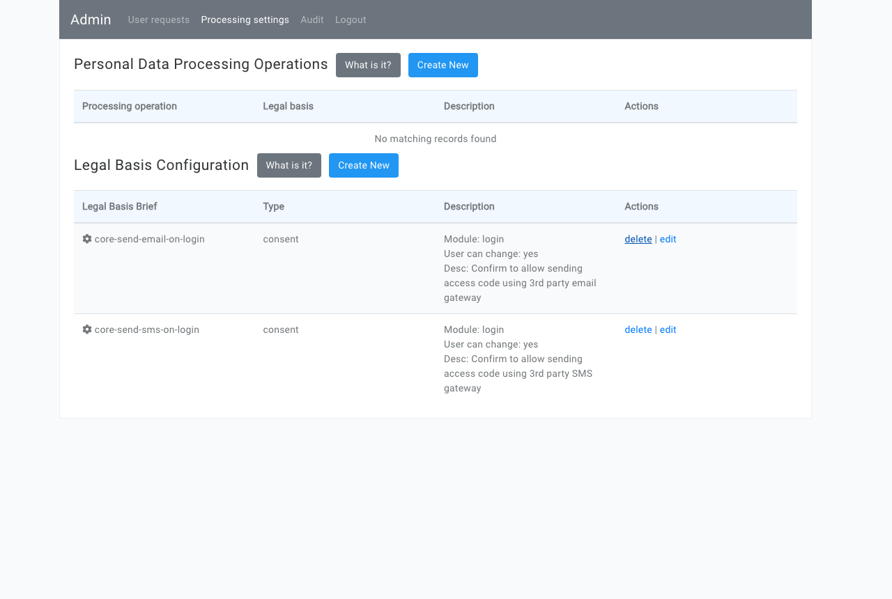 Processing settings with the default legal bases