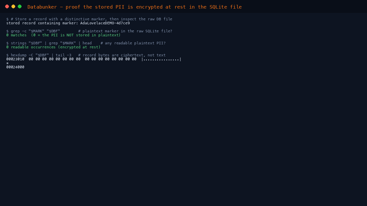 Proof that the stored PII is encrypted at rest: storing a marked record, then grepping the raw SQLite file returns zero plaintext matches and the record bytes are ciphertext