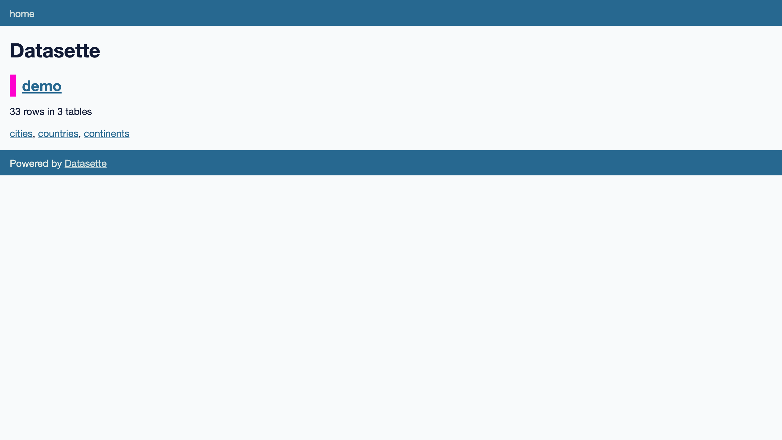The Datasette home page listing the demo database and its tables