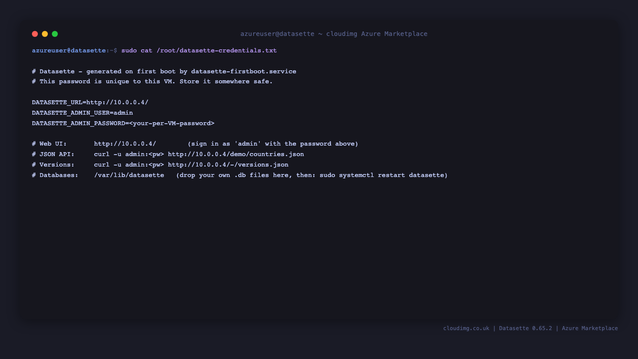 Terminal output of the per-VM Datasette credentials file