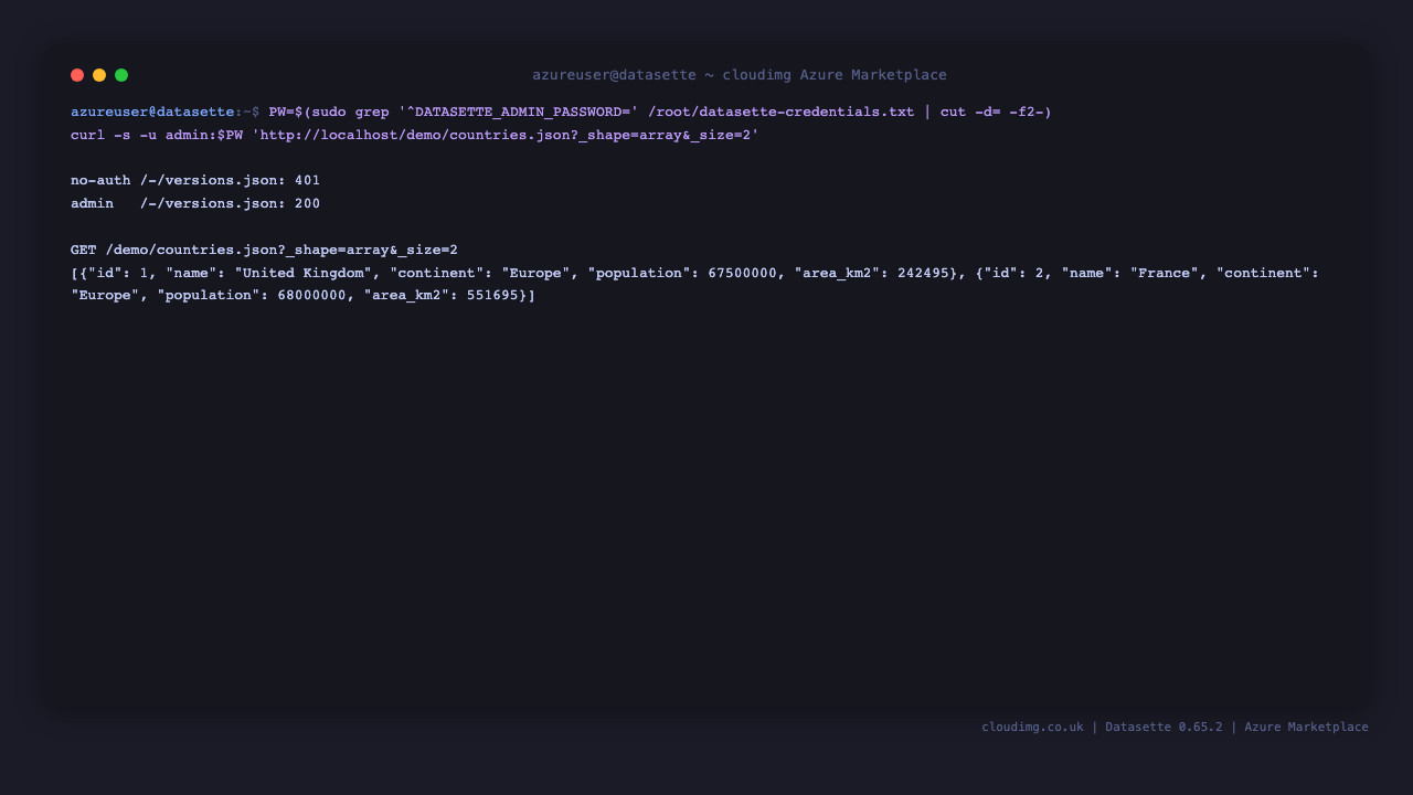 Terminal output of the Datasette JSON API rejecting no-auth and returning rows with the admin password