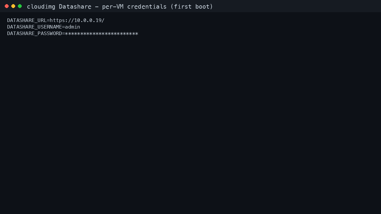 The datashare credentials file showing the URL, the admin username and the per-VM password, readable only by root at mode 0600