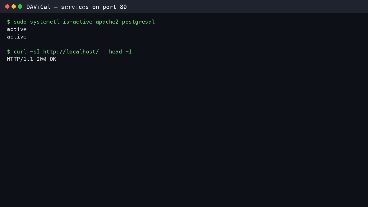 Apache and PostgreSQL active, and HTTP liveness on port 80