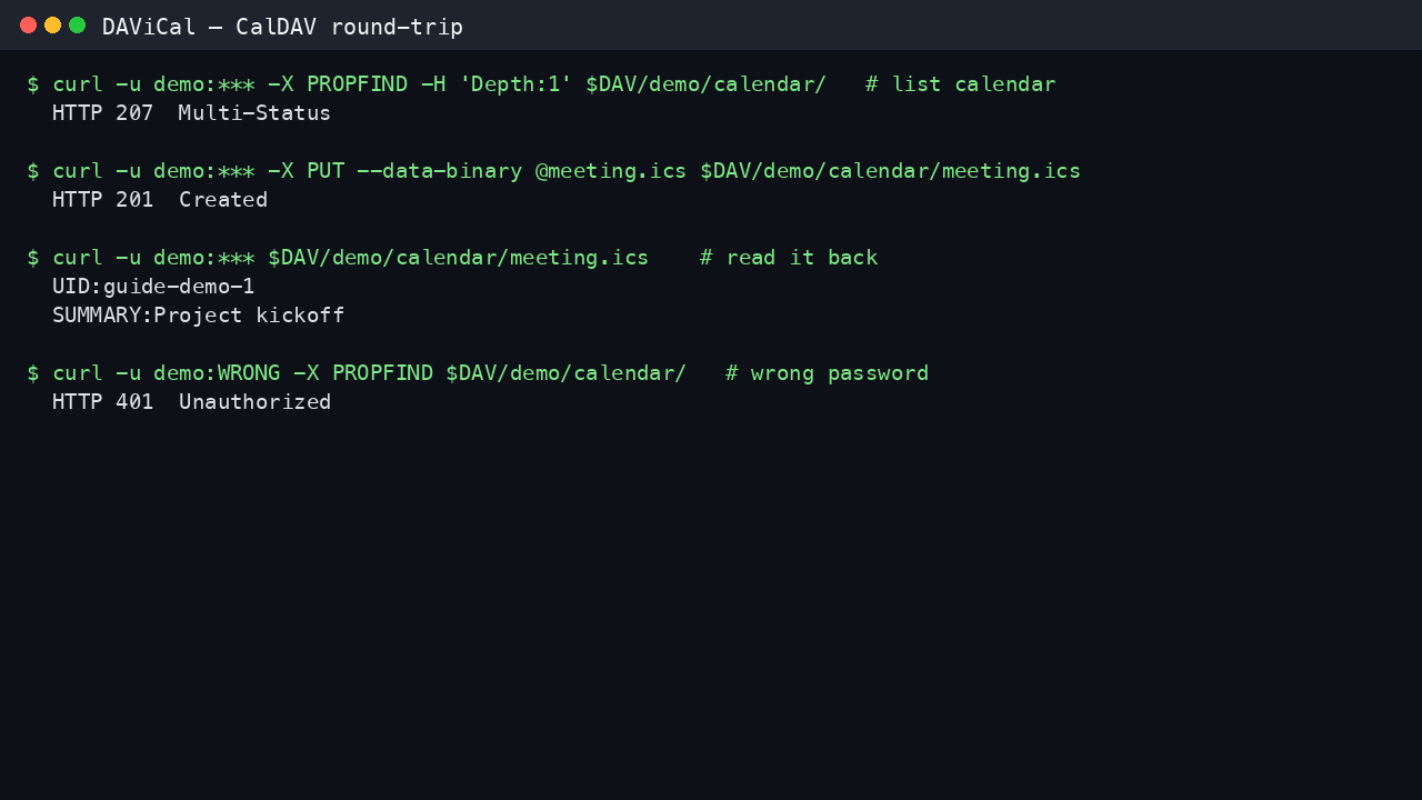 CalDAV PROPFIND, event PUT and authentication round-trip
